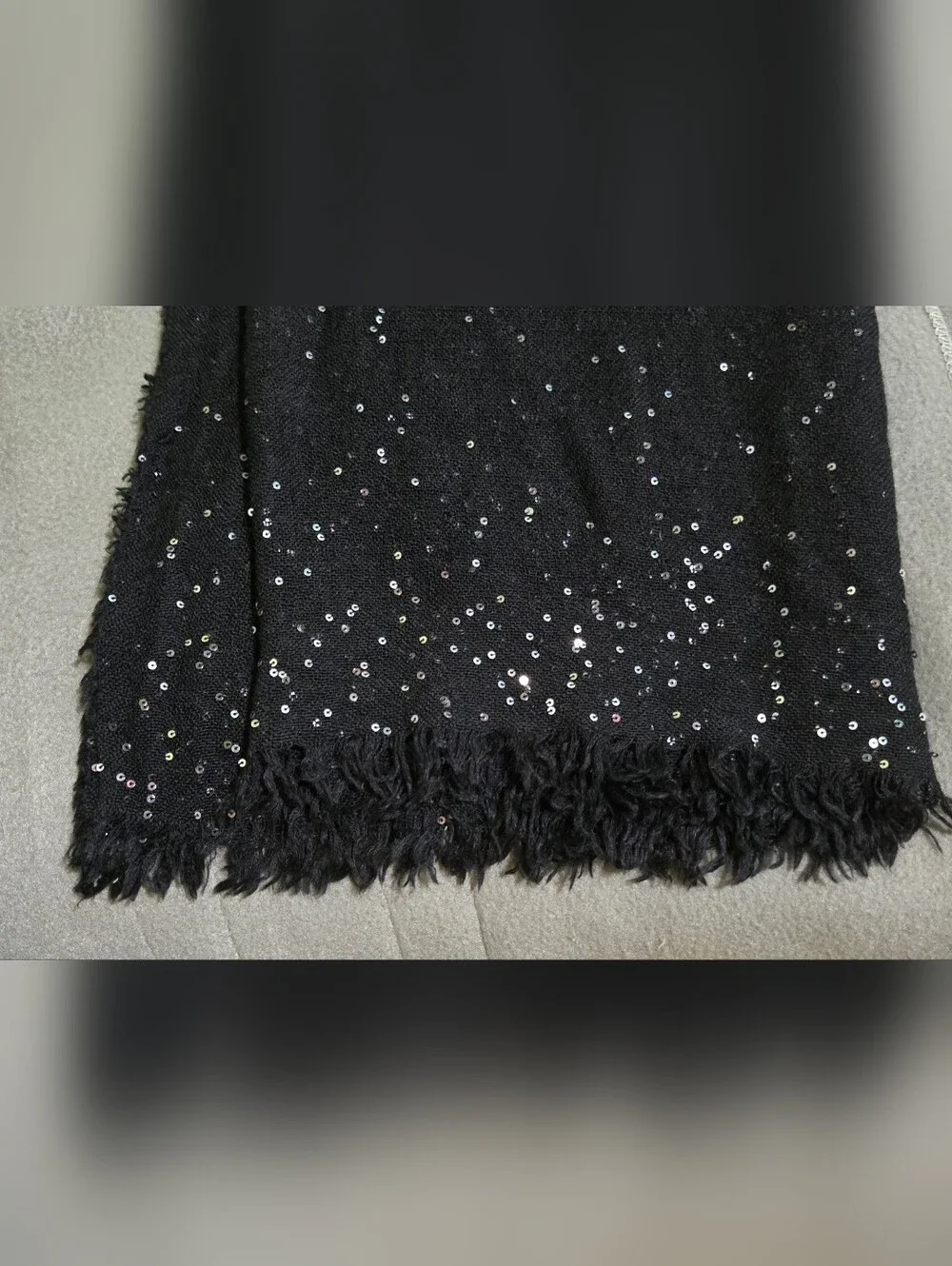 Faliero Sarti Black Sequin Fringe Scarf Cashmere Silk Wool Blend Made in Italy